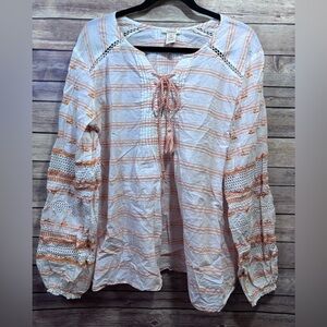 Sundance White Peach Embroidered Long Sleeve Peasant Top Size XL